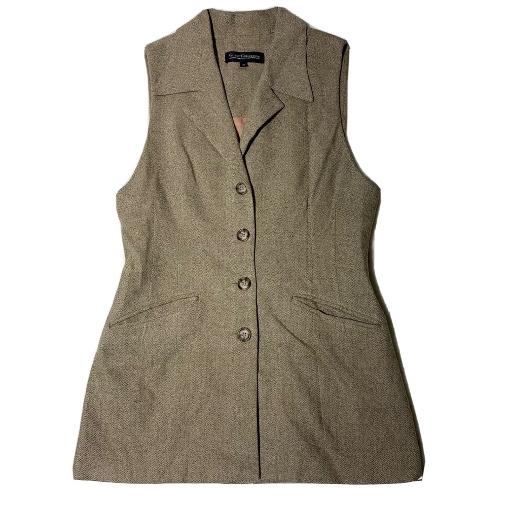 Vtg Guess Collection silk blend long sleeveless vest coat blazer herringbone 2